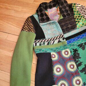 Desigual Patchwork Jacket 42 EU Green Black Multi Pattern Wool Blend Statement
